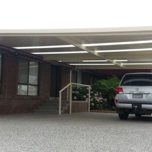 Custom Tapered Flat Roof Verandah Carport with Classic Cream V Deck 2P COLORBOND roof sheets 5CROPPED